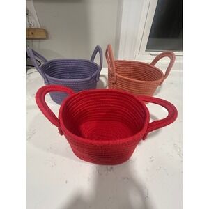 Set of 3 Woven Cotton Rope Baskets Small Oval Storage Bins w/ Handles Multicolor